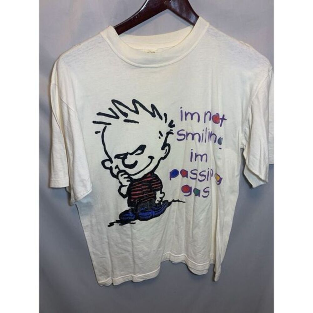 Vintage 90s Calvin & Hobbes Funny Graphic Tshirt I'm Not Smiling I'm Passing Gas